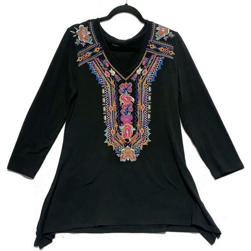 Calessa Black Embroidered Tunic Top Womens Medium Boho Polyester Colorful Floral